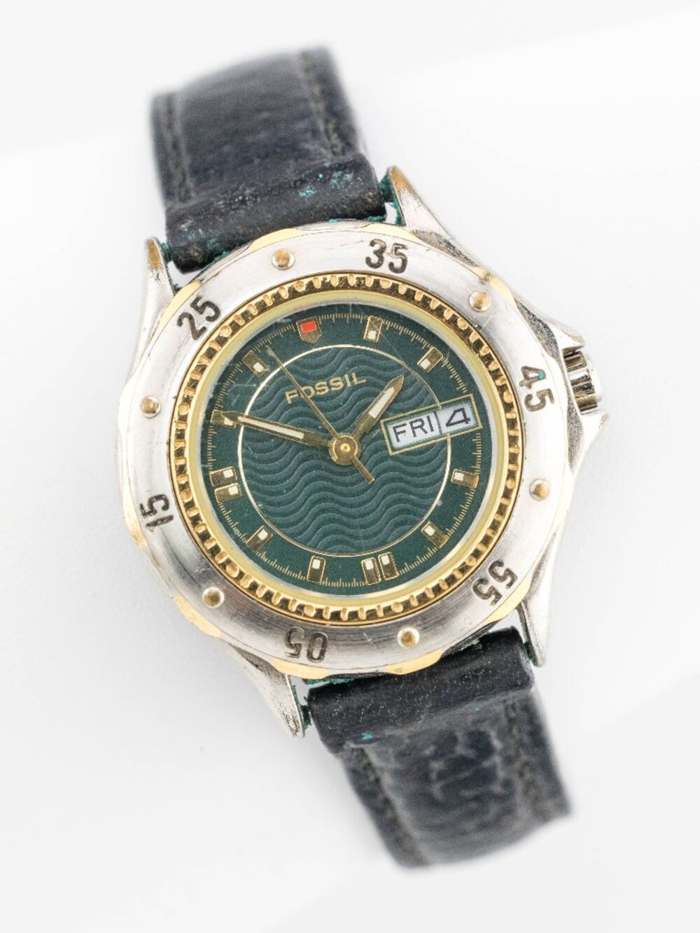 Fossil AM-3023 Green Wave Dial Day-Date Quartz Analog Men's Watch New Battery